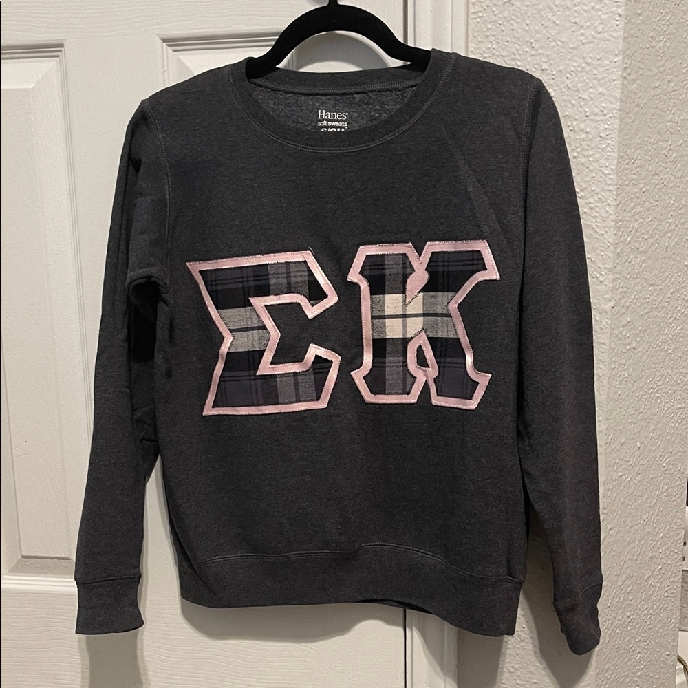 Hanes Dark Gray Sweatshirt with Plaid Sigma Kappa Letters